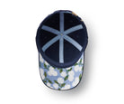 Navy blue cap with floral pattern on a white background