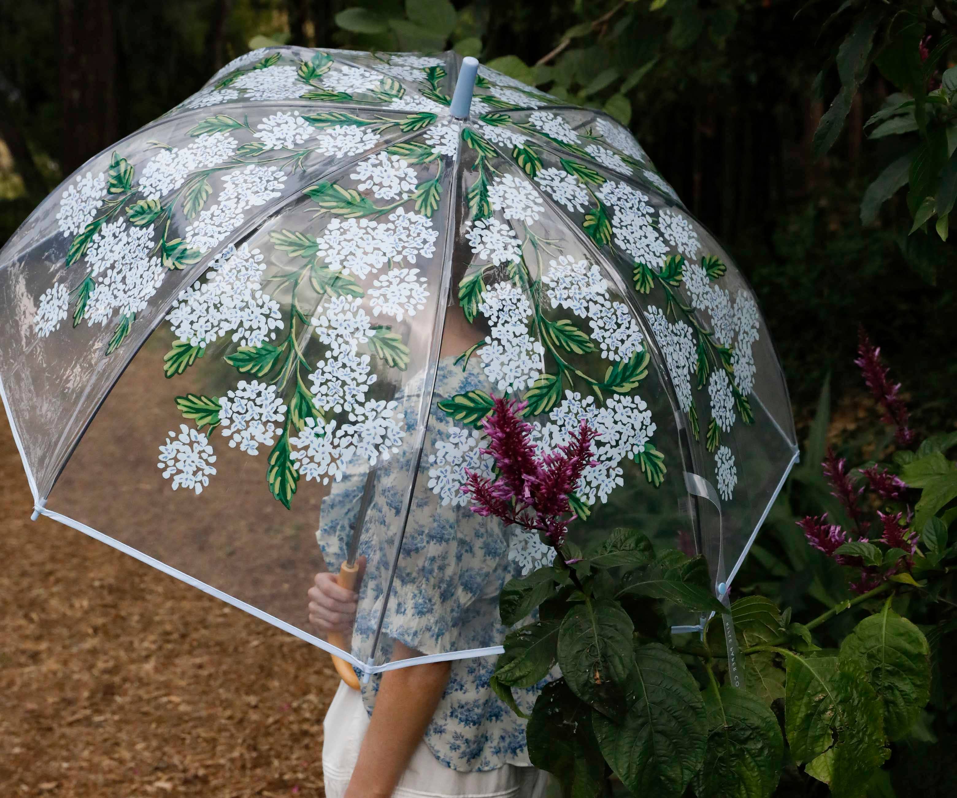 Clear umbrella with floral design held by a person in a garden setting