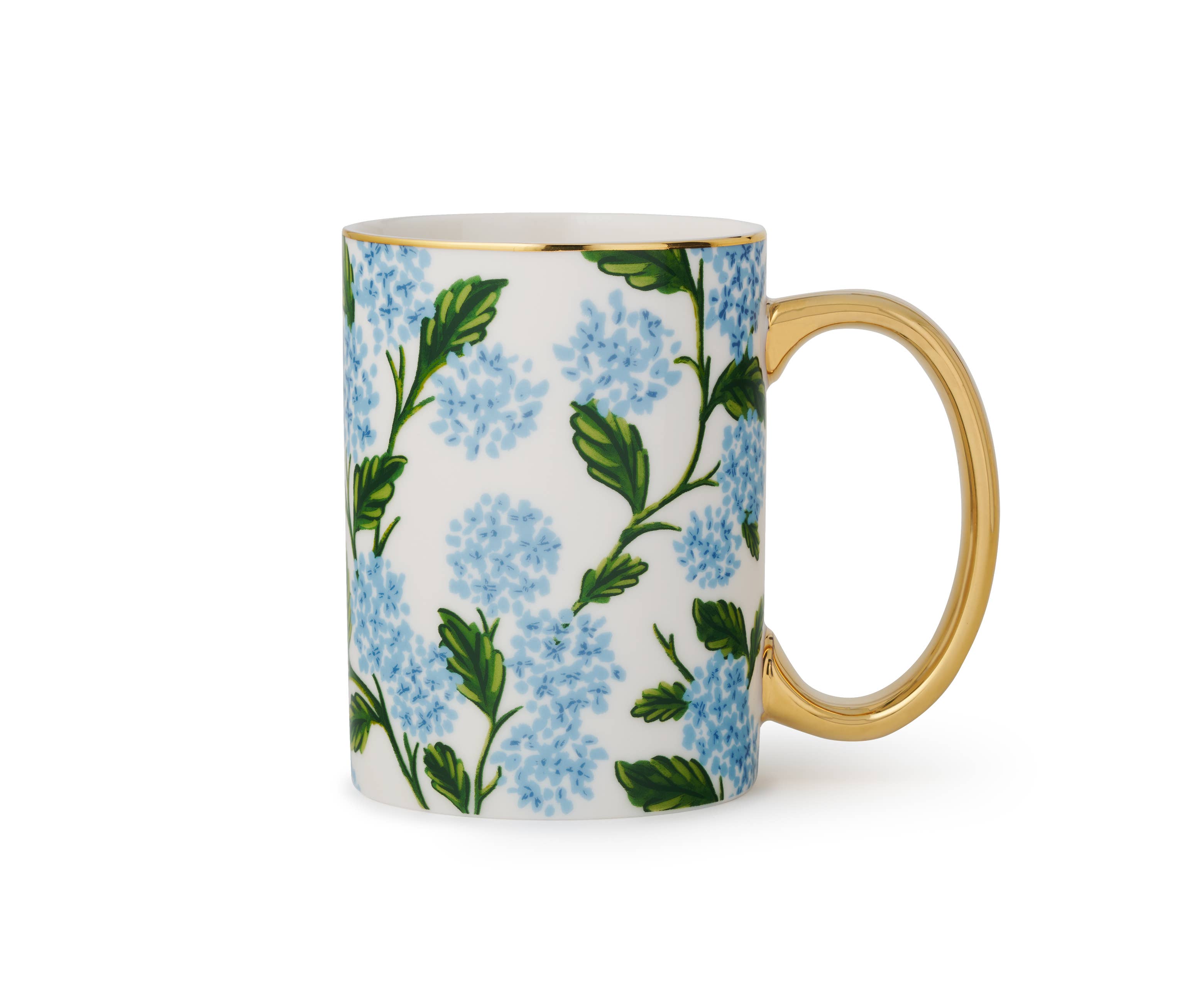 Mug with floral design and gold handle on a white background
