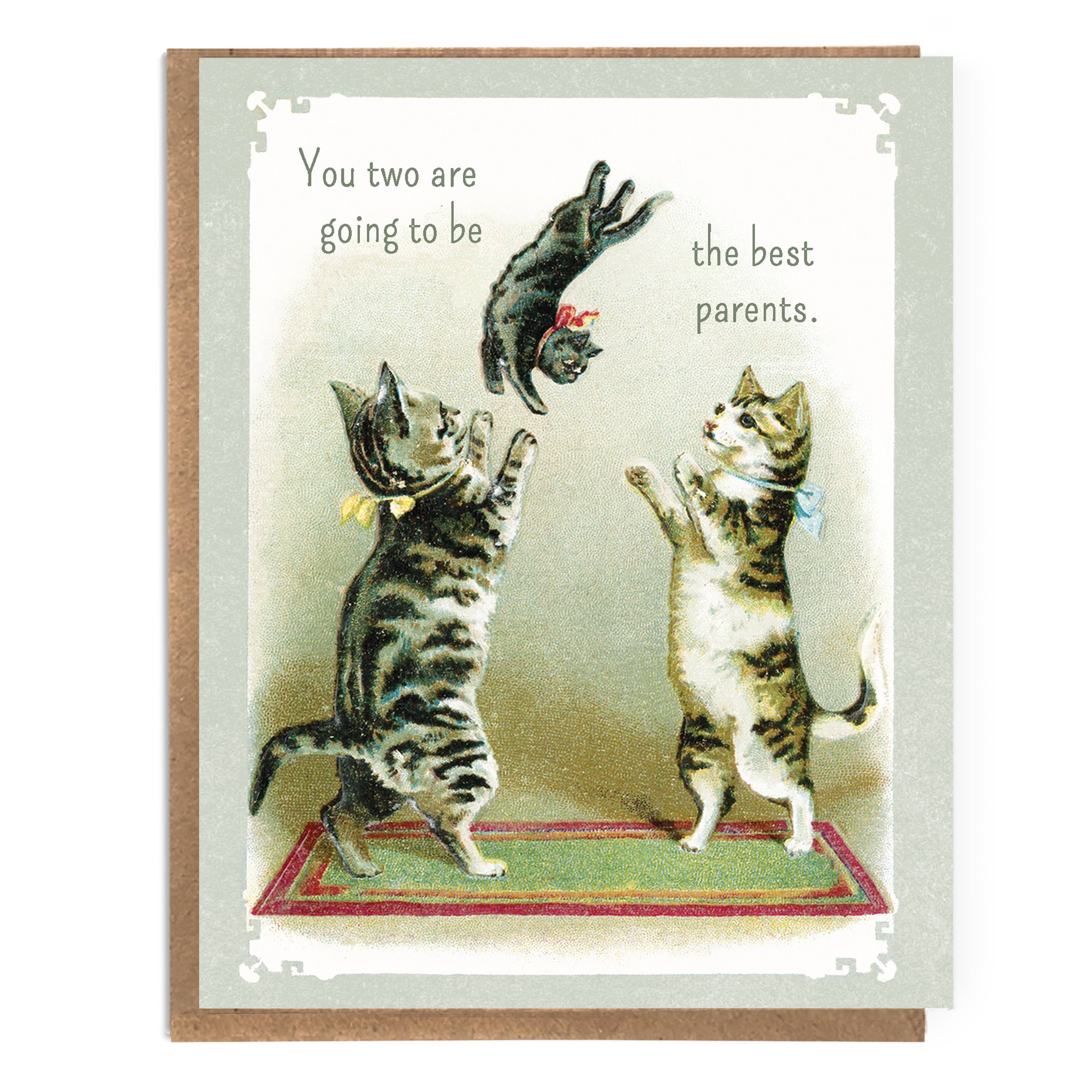 Greeting card with two cats on a rug and text about being the best parents.