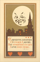 Vintage-style illustration with moon, buildings, and text on a beige background