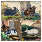 Four tiles with illustrations of rabbits in different settings