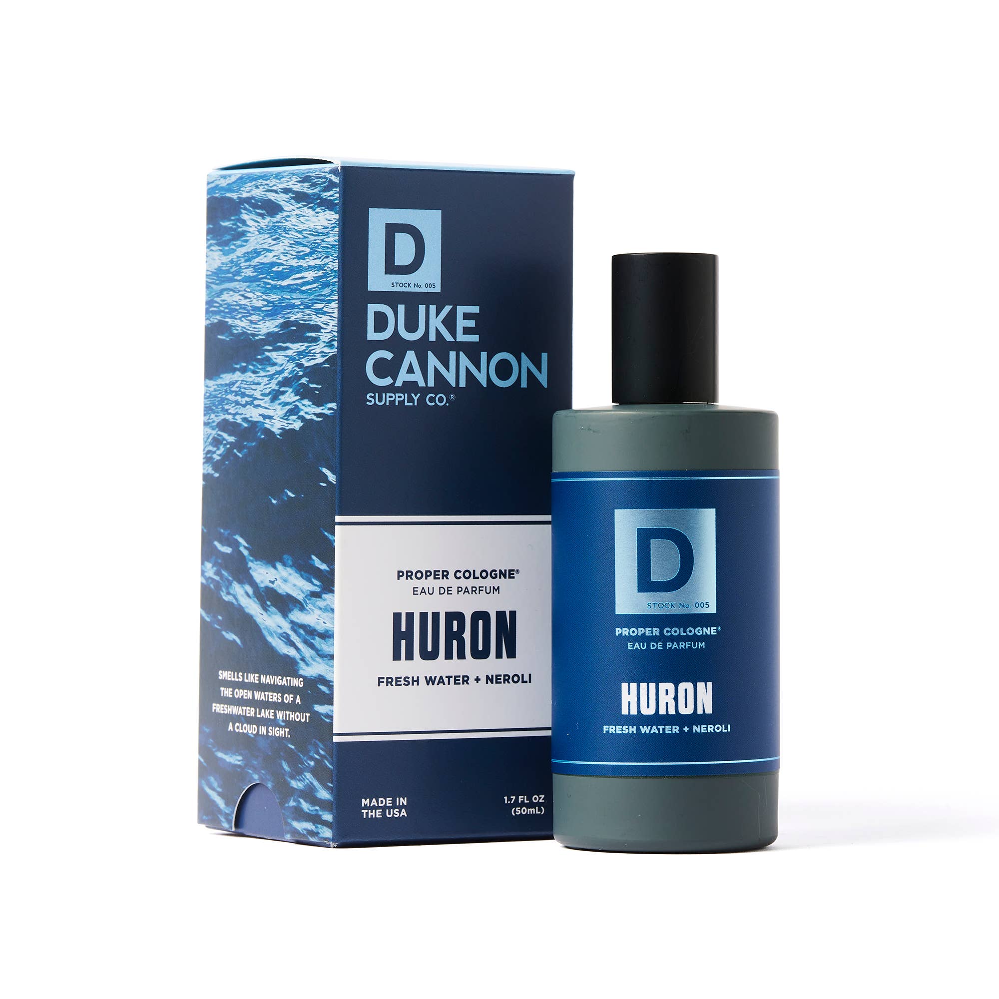 Duke Cannon Huron cologne bottle and packaging on a white background