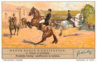 Vintage illustration of equestrian scene with riders on horses, featuring a brown horse being ridden by a rider in a black coat.