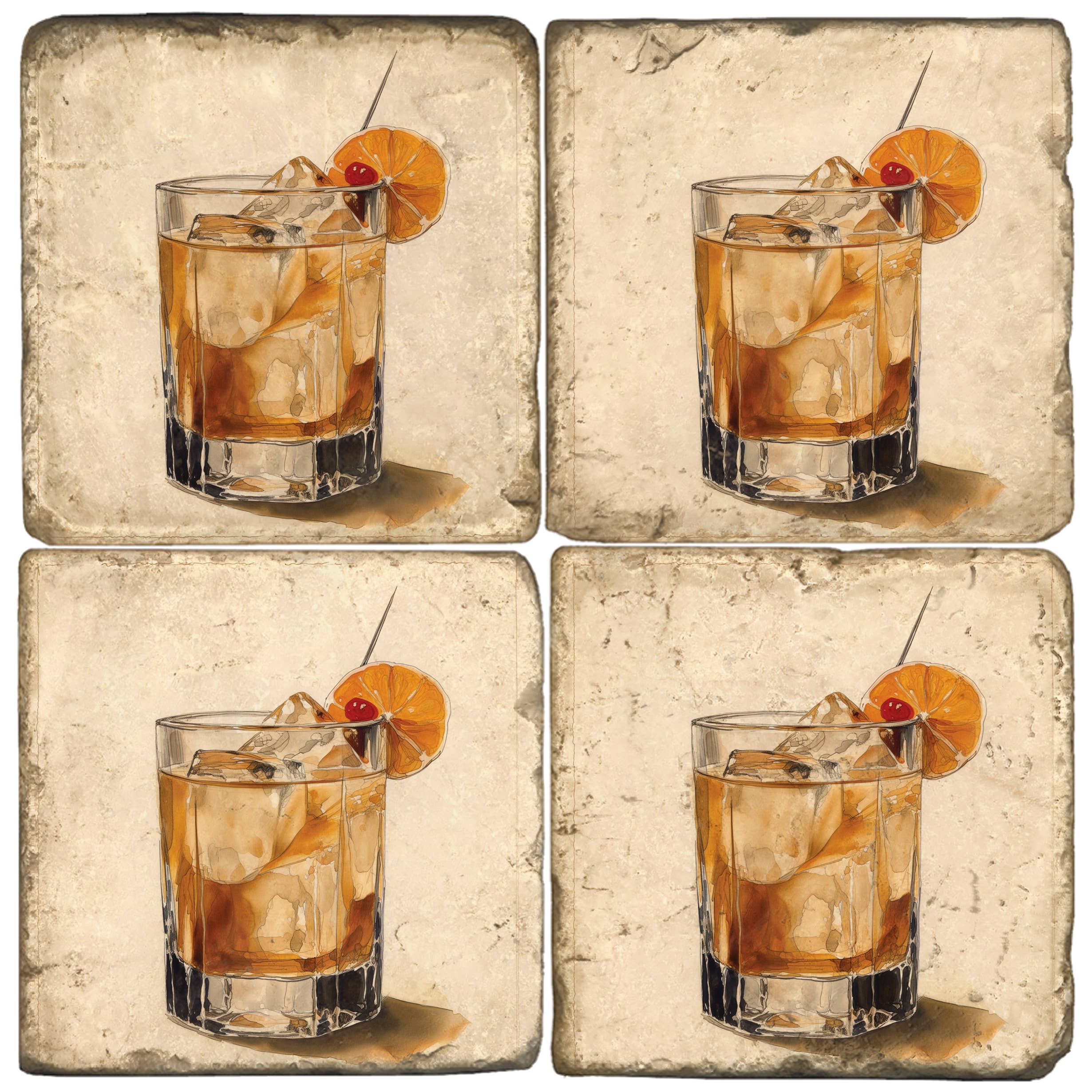 Set of four coasters with a design of a cocktail glass with ice and garnish on a textured beige background.