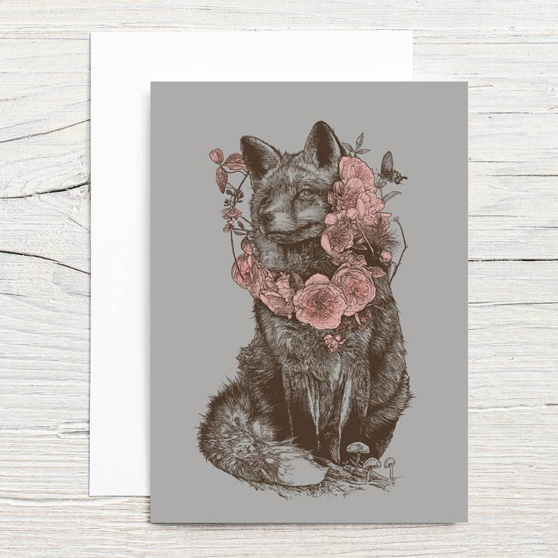 Illustration of a fox wearing a floral wreath on a gray background