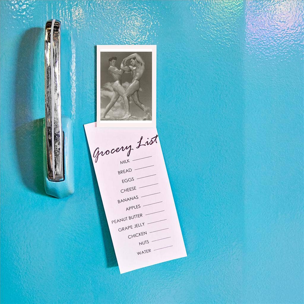 Grocery list attached to a refrigerator with a magnet