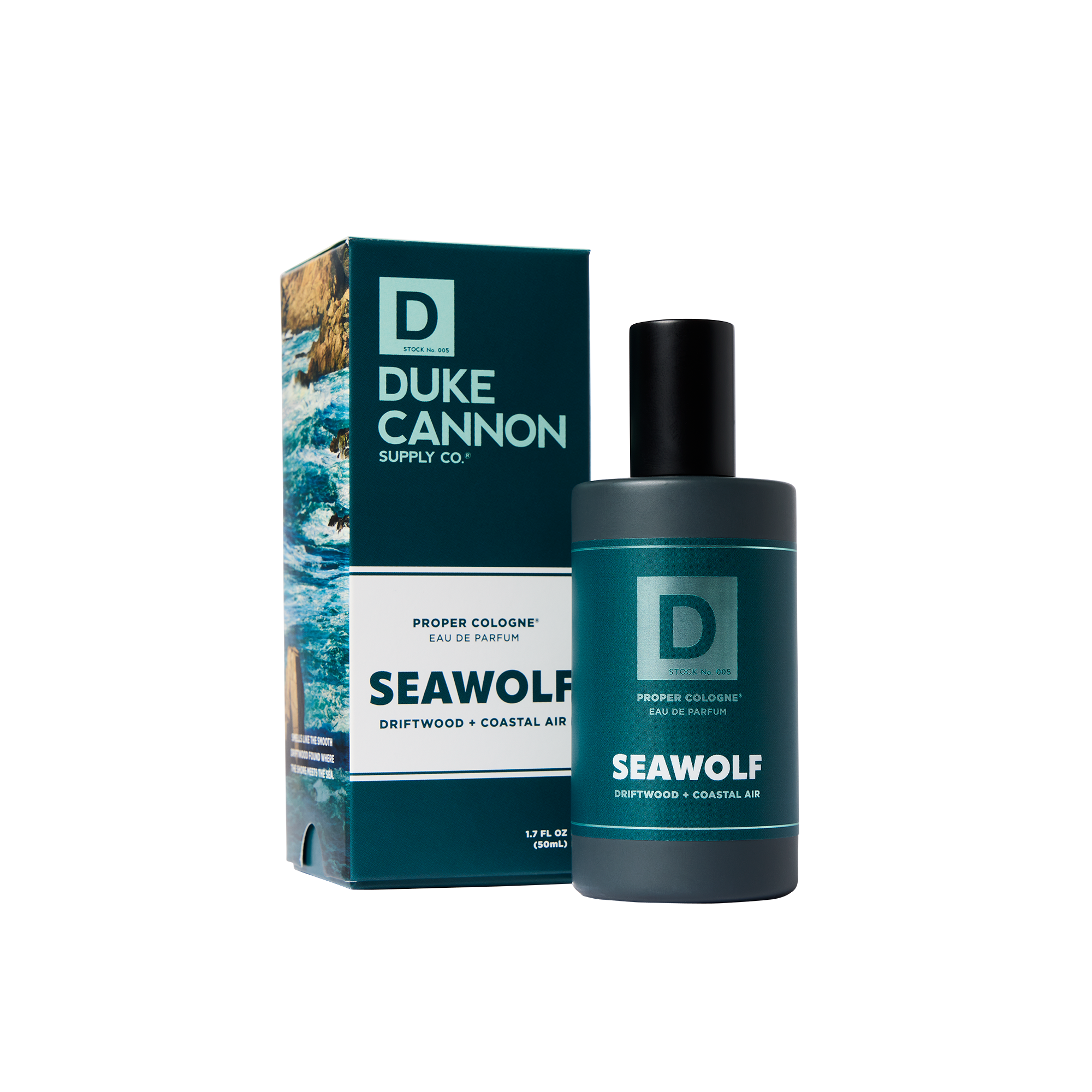 Duke Cannon Seawolf cologne bottle and packaging on a white background