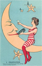 Vintage-style illustration of a woman in a red swimsuit sitting on a crescent moon with stars and a bottle.