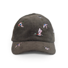 Brown cap with duck designs on a white background
