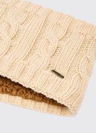 Beige knitted scarf with a brand logo on a light gray background