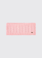 Pink knitted headband on a light gray background