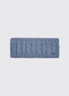 Blue knitted headband on a light gray background
